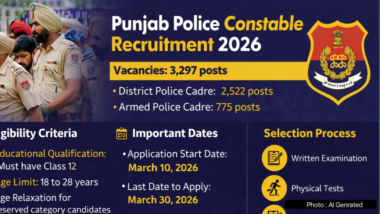 Punjab Police Recruitment 2026; Candidates Can Apply for 3,297 Posts