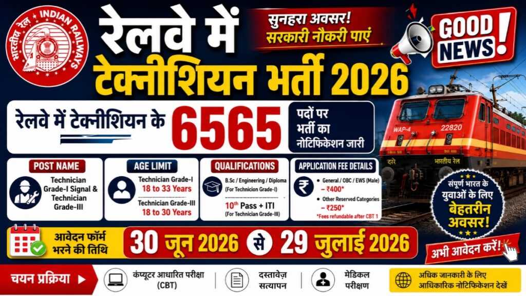Railway Technician Recruitment 2026 : रेलवे में 6565 टेक्नीशियन पदों पर भर्ती, पूरी जानकारी देखें