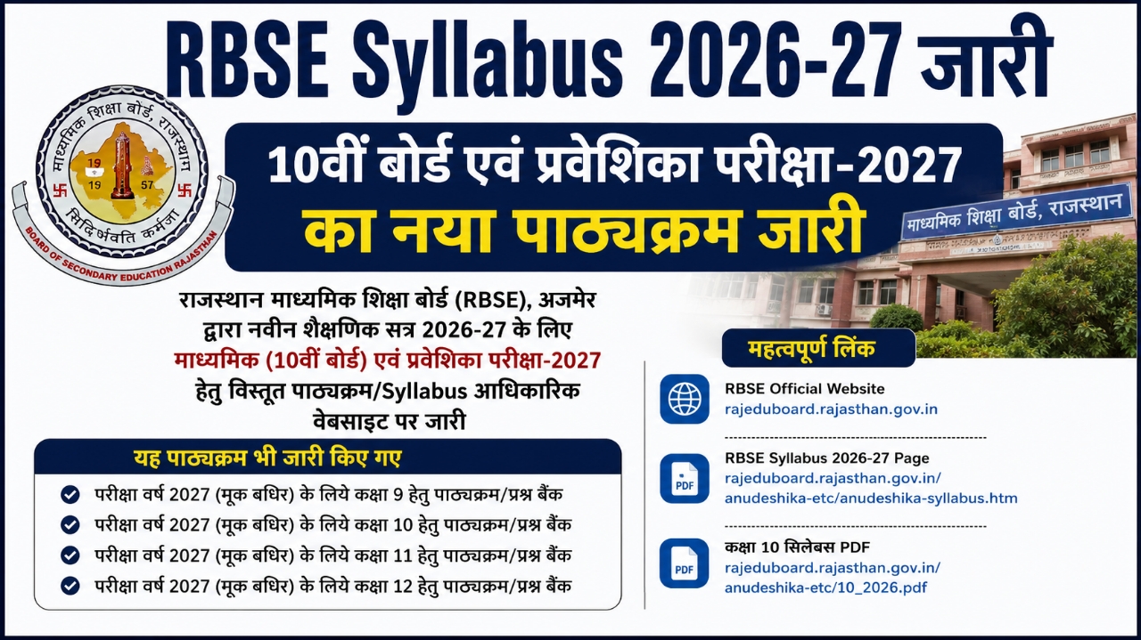 RBSE Syllabus 2026-27 जारी: 10वीं बोर्ड एवं प्रवेशिका परीक्षा 2027 का नया पाठ्यक्रम जारी, यहां देखें डायरेक्ट लिंक