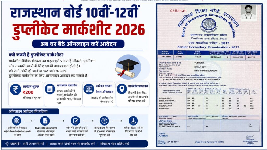 Rajasthan Board Duplicate Marksheet 2026: अब घर बैठे मंगवाएं 10वीं-12वीं की डुप्लीकेट मार्कशीट, जानें पूरा तरीका