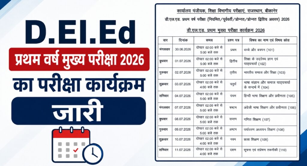 D.El.Ed प्रथम वर्ष मुख्य परीक्षा 2026 का टाइम टेबल जारी, 30 जून से शुरू होंगी परीक्षाएं